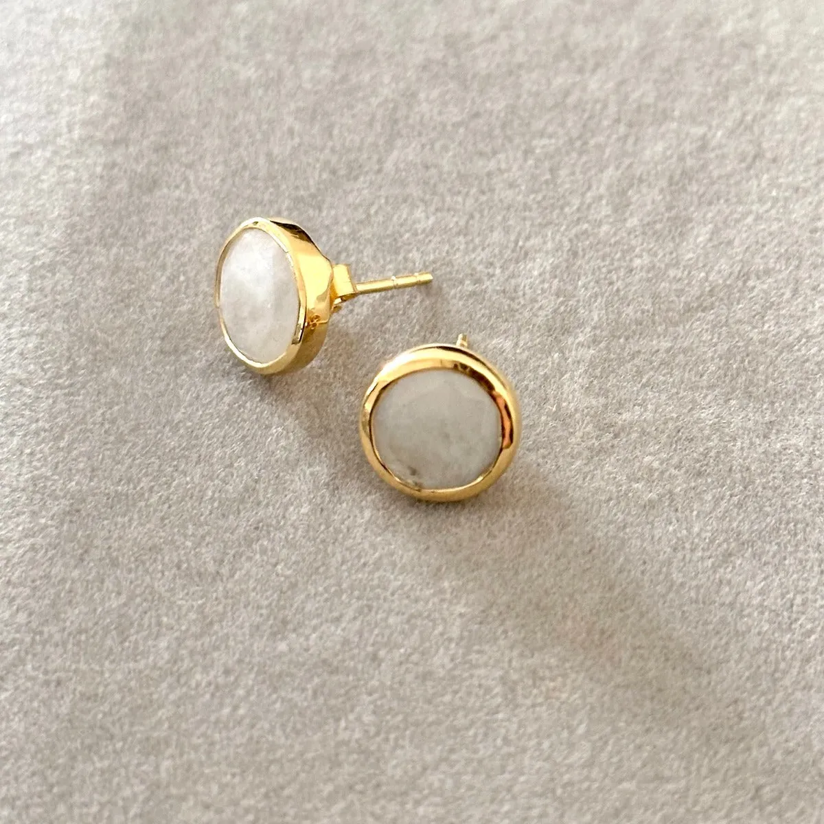 Moonstone Studs in Gold Plated Sterling Silver with a Round Faceted Gemstone