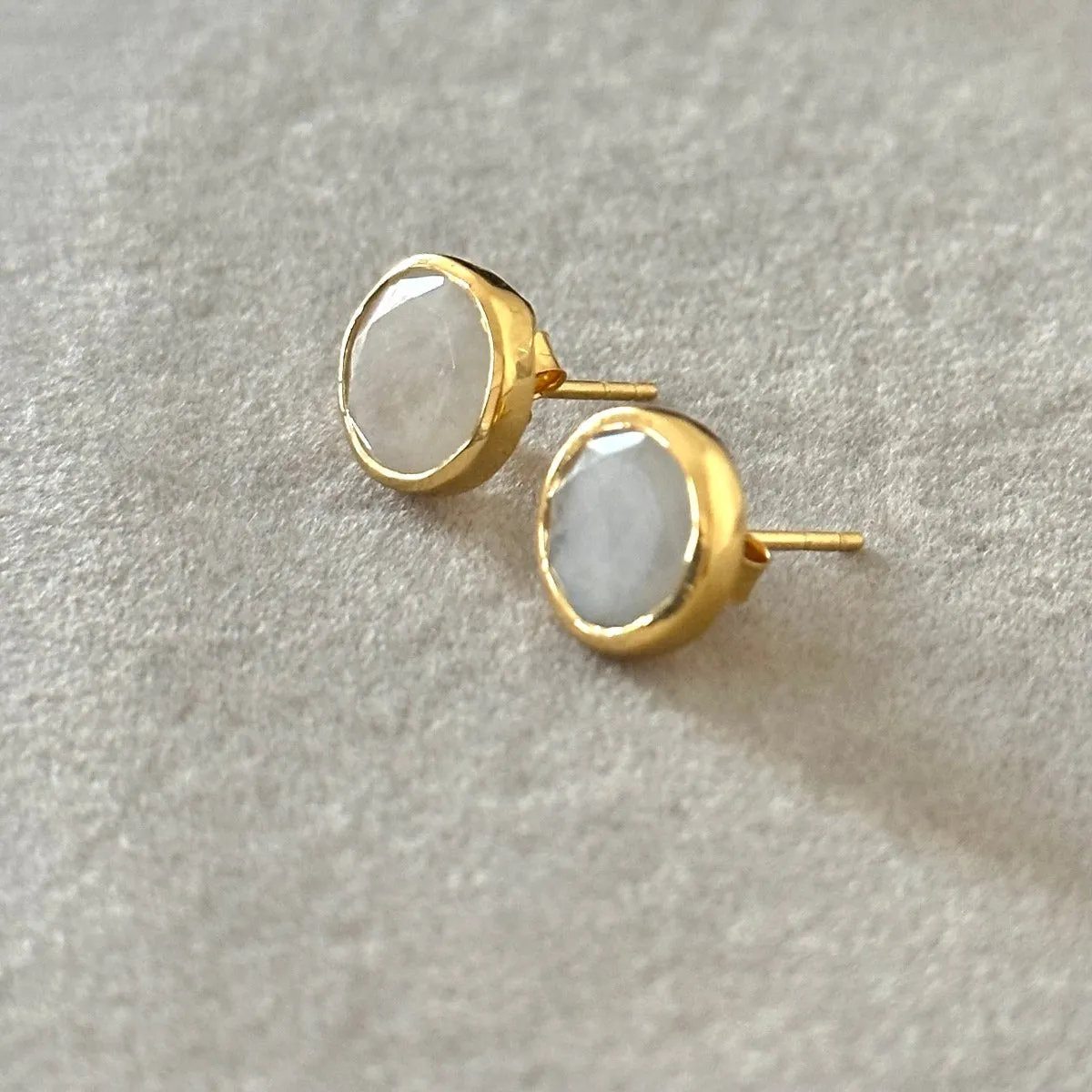 Moonstone Studs in Gold Plated Sterling Silver with a Round Faceted Gemstone