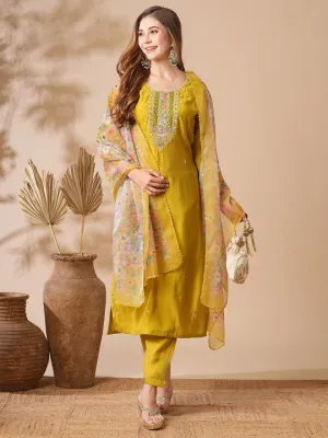 Mustard Yellow Chanderi Cotton Kurti Set