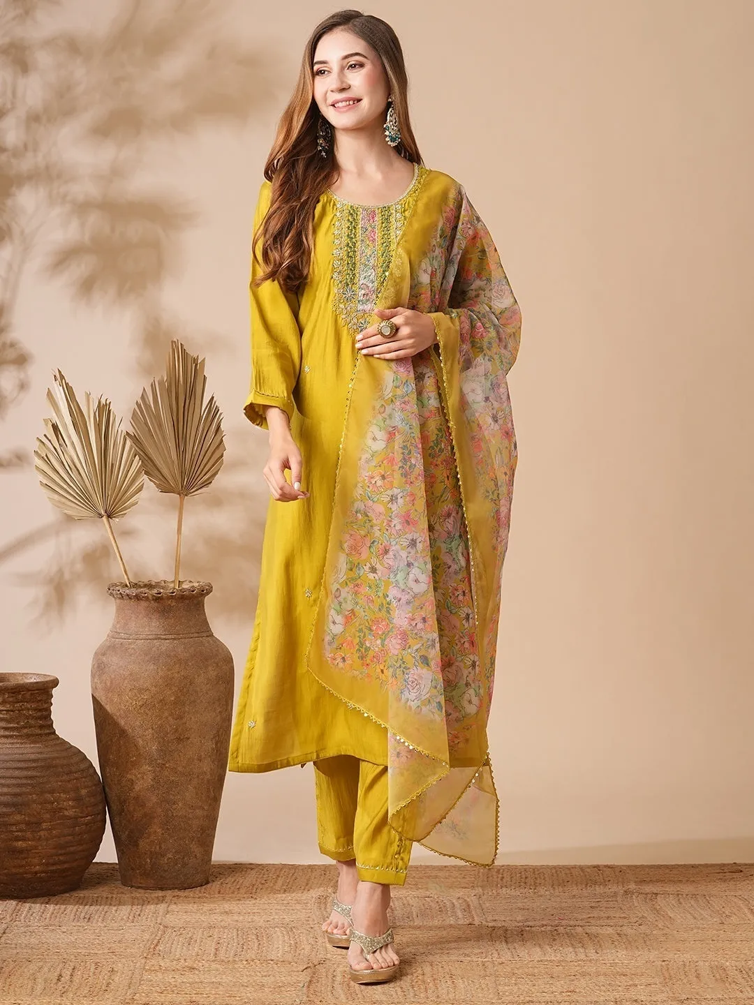 Mustard Yellow Chanderi Cotton Kurti Set
