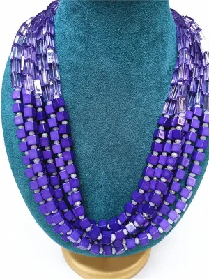 N1989 Purple Square Bead Multi Strand Necklace with FREE Earrings