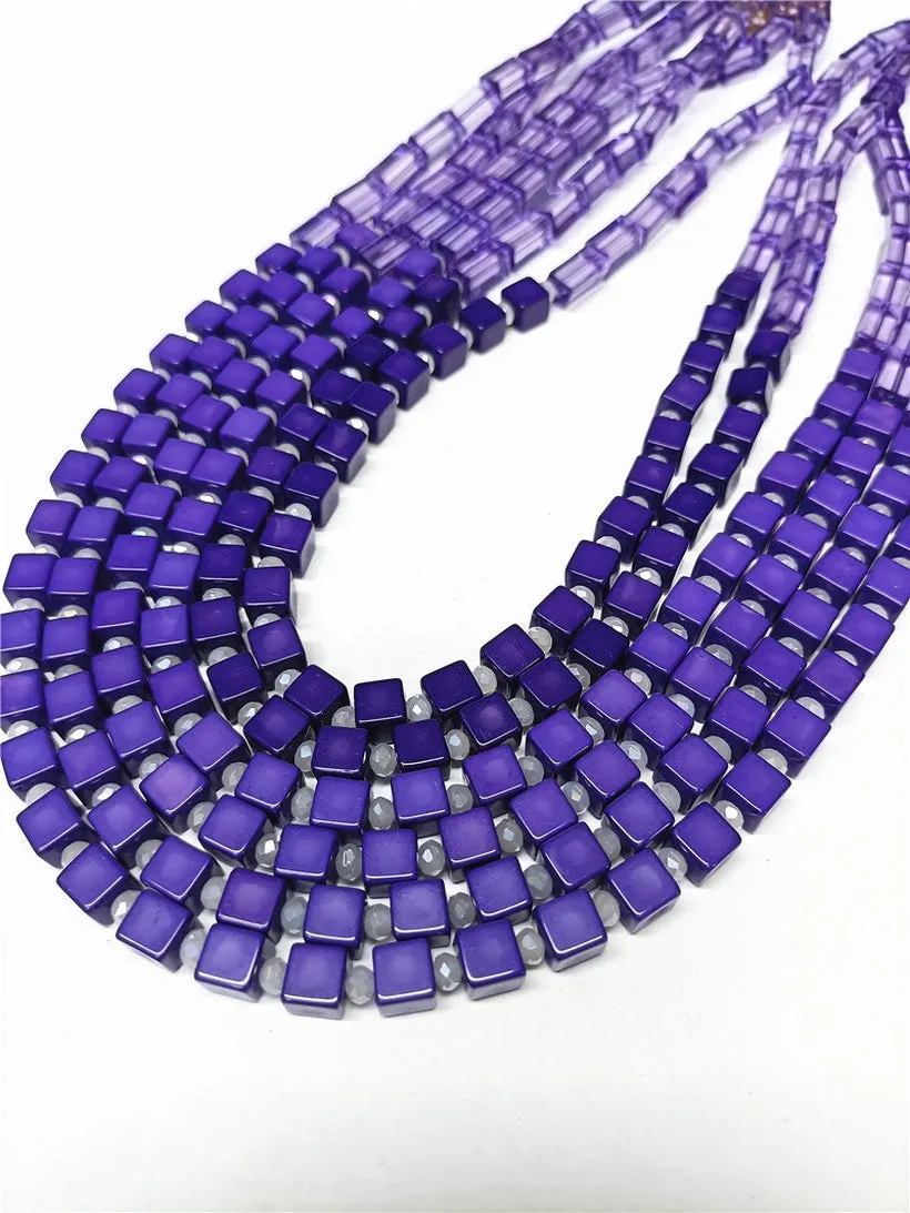 N1989 Purple Square Bead Multi Strand Necklace with FREE Earrings