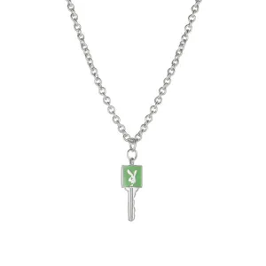 N1991 Silver Dainty Lime Green Bunny Rabbit Key Necklace with FREE Earrings