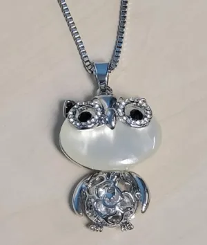 N651 Silver Moonstone Owl Necklace with FREE Earrings
