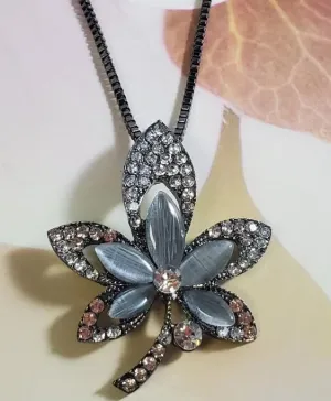 N675 Gun Metal Moonstone & Rhinestone Maple Leaf Necklace with FREE Earrings