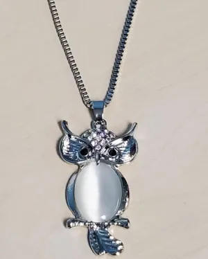 N715 Silver Iridescent Rhinestone Moonstone Owl Necklace with FREE Earrings