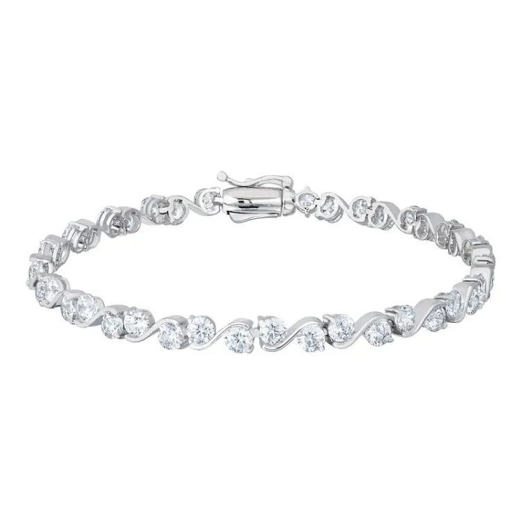 Platinum finish sterling silver two stone waves bracelet with simulated diamond  - 7.25