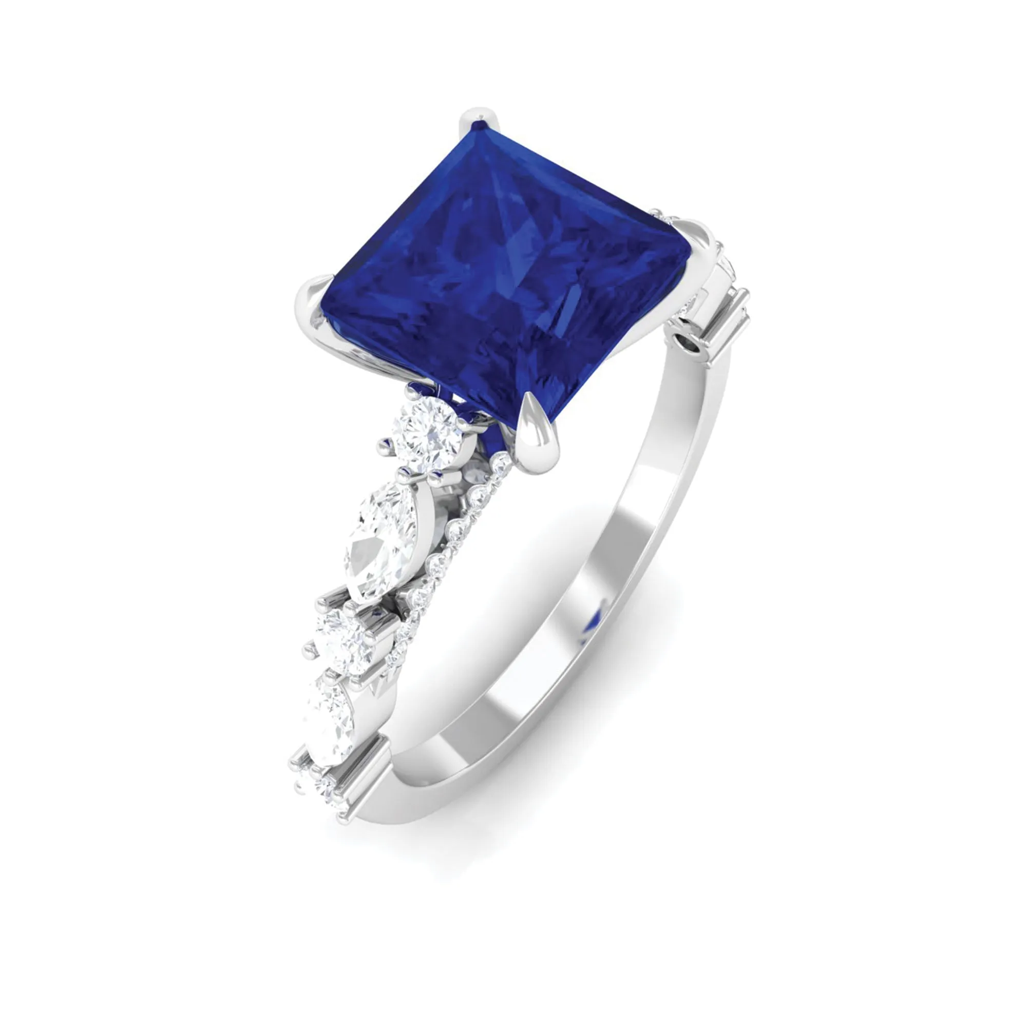 Princess Cut Lab Grown Blue Sapphire Solitaire Engagement Ring
