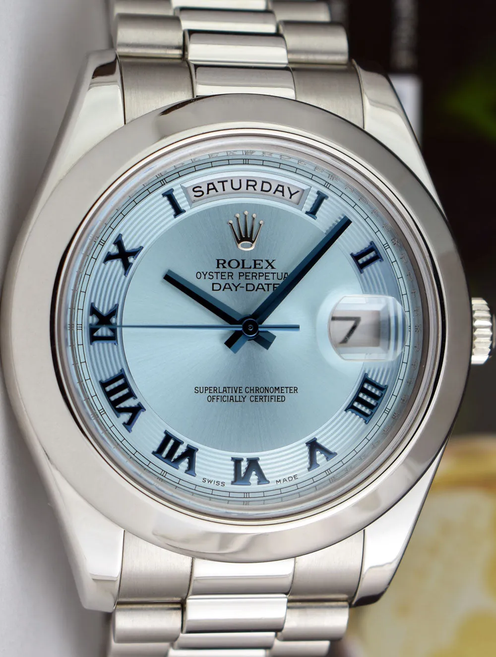 ROLEX 41mm Platinum DayDate II President Glacier Concentric Roman Dial Model 218206