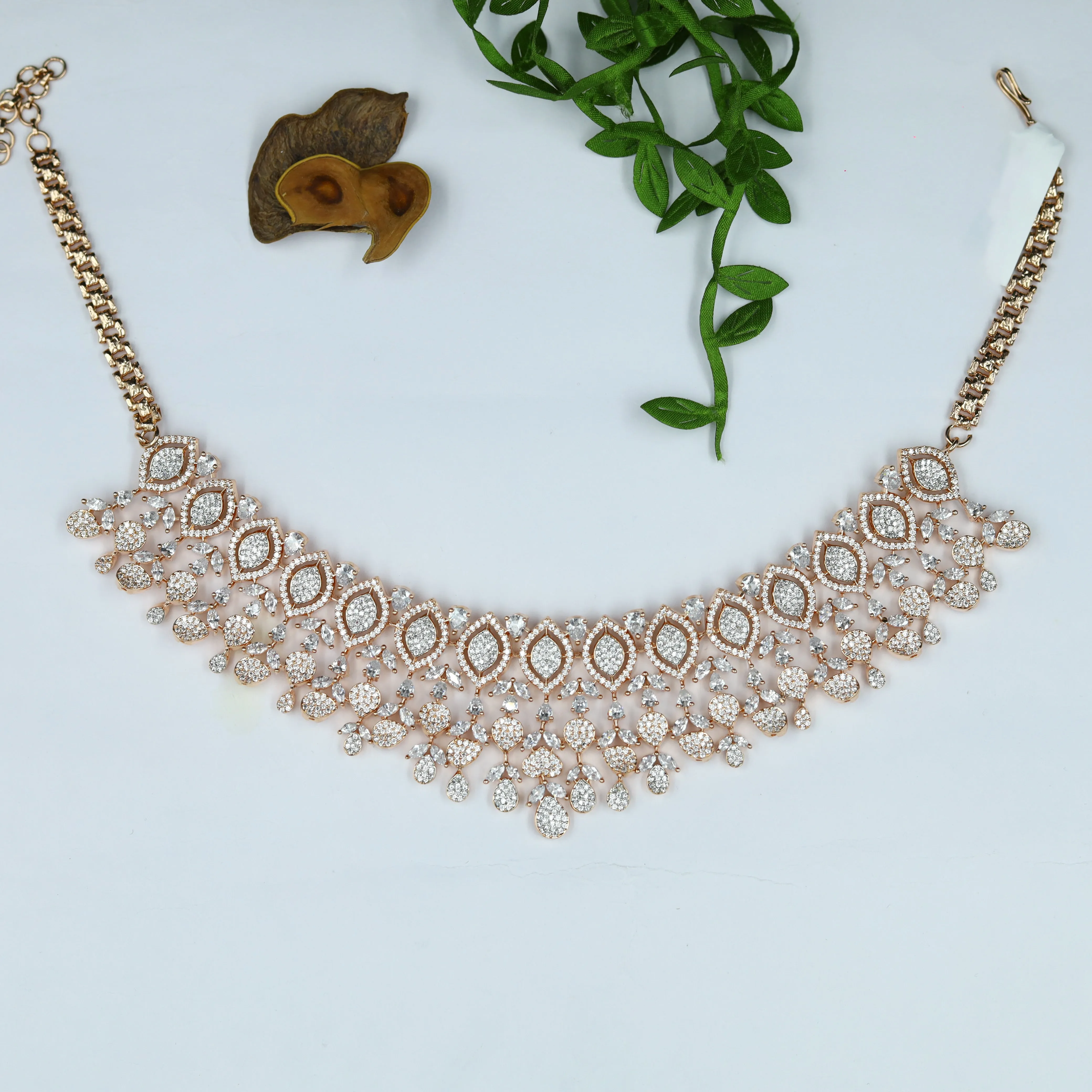 Rose Gold Zircon/AD Necklace Set 18456-5638