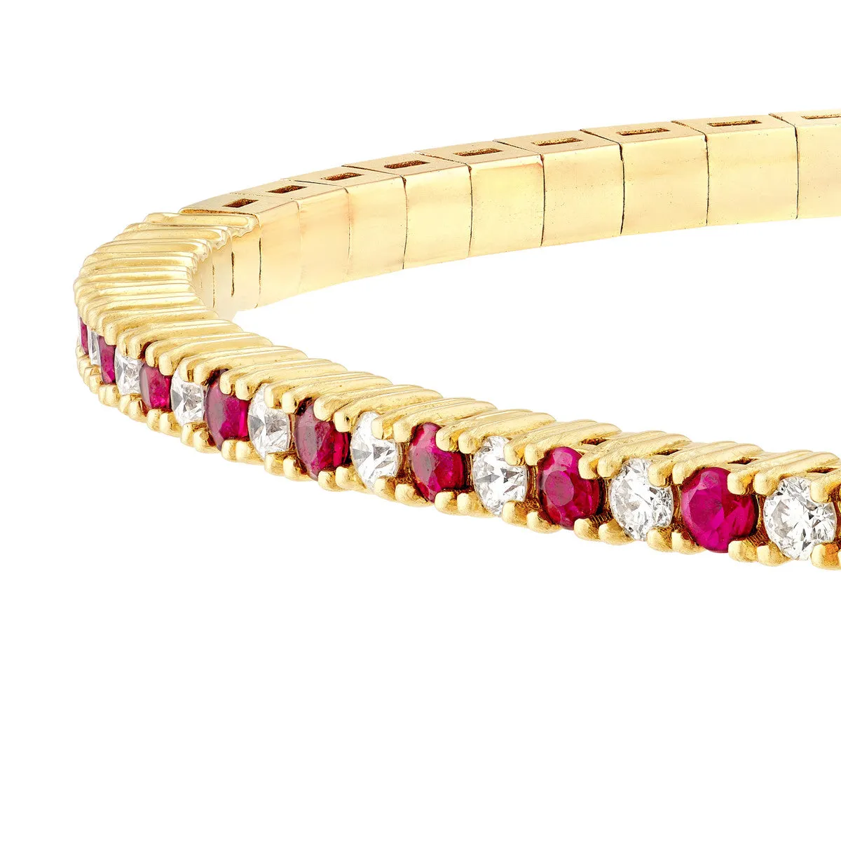 Ruby & Diamond Flexi Tennis Bangle Box Closure 14K Yellow Gold - 7 Inches - by Dazyle