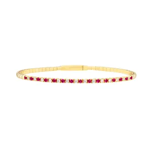 Ruby & Diamond Flexi Tennis Bangle Box Closure 14K Yellow Gold - 7 Inches - by Dazyle