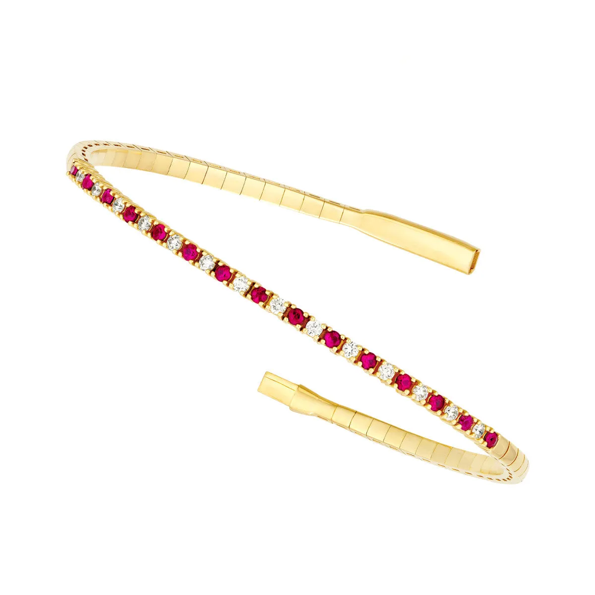 Ruby & Diamond Flexi Tennis Bangle Box Closure 14K Yellow Gold - 7 Inches - by Dazyle