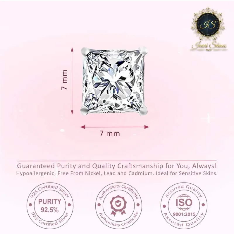 Silver Solitaire Square Zircon Earrings- 7mm