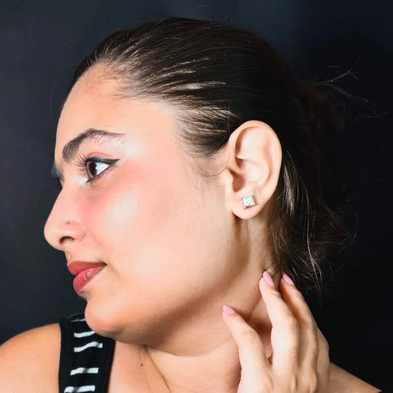 Silver Solitaire Square Zircon Earrings- 7mm