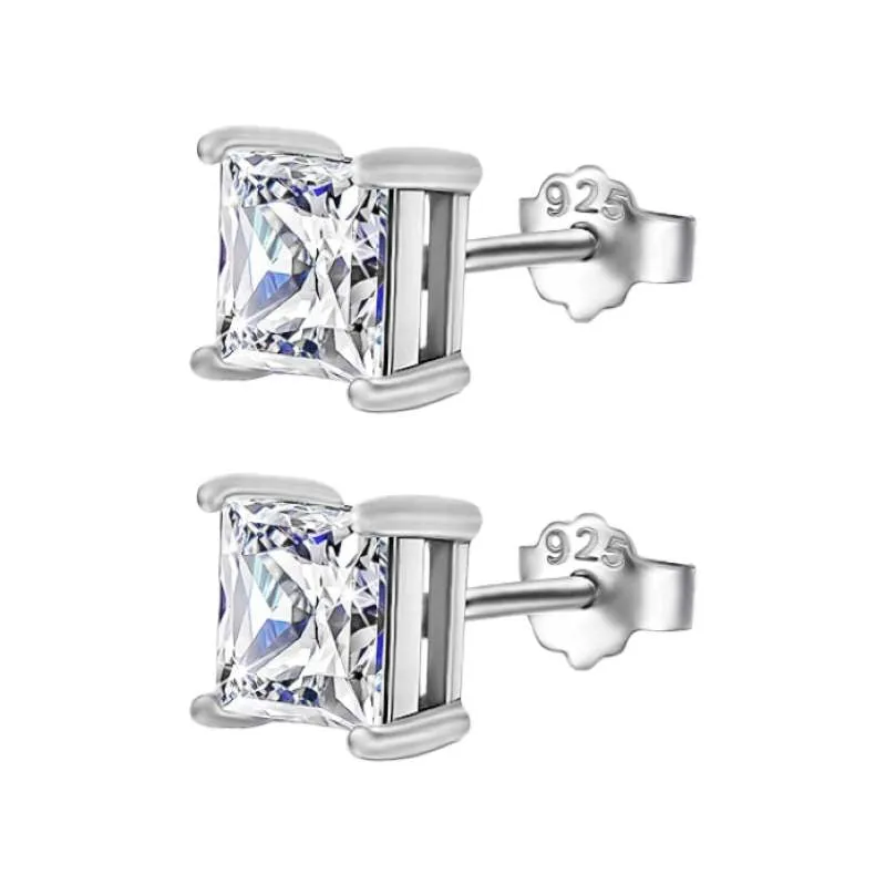 Silver Solitaire Square Zircon Earrings- 7mm