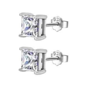 Silver Solitaire Square Zircon Earrings- 7mm