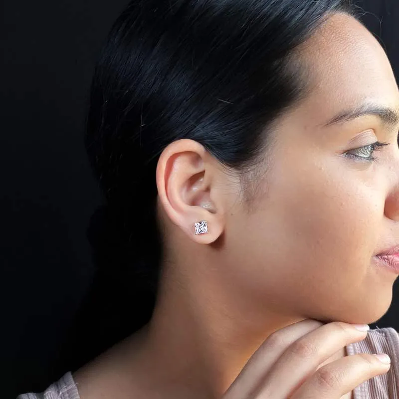 Silver Solitaire Square Zircon Earrings- 7mm