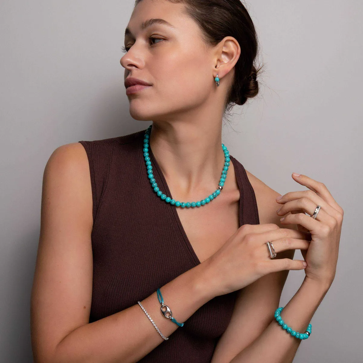 Turquoise Bead Necklace - Silver - 34016TQ